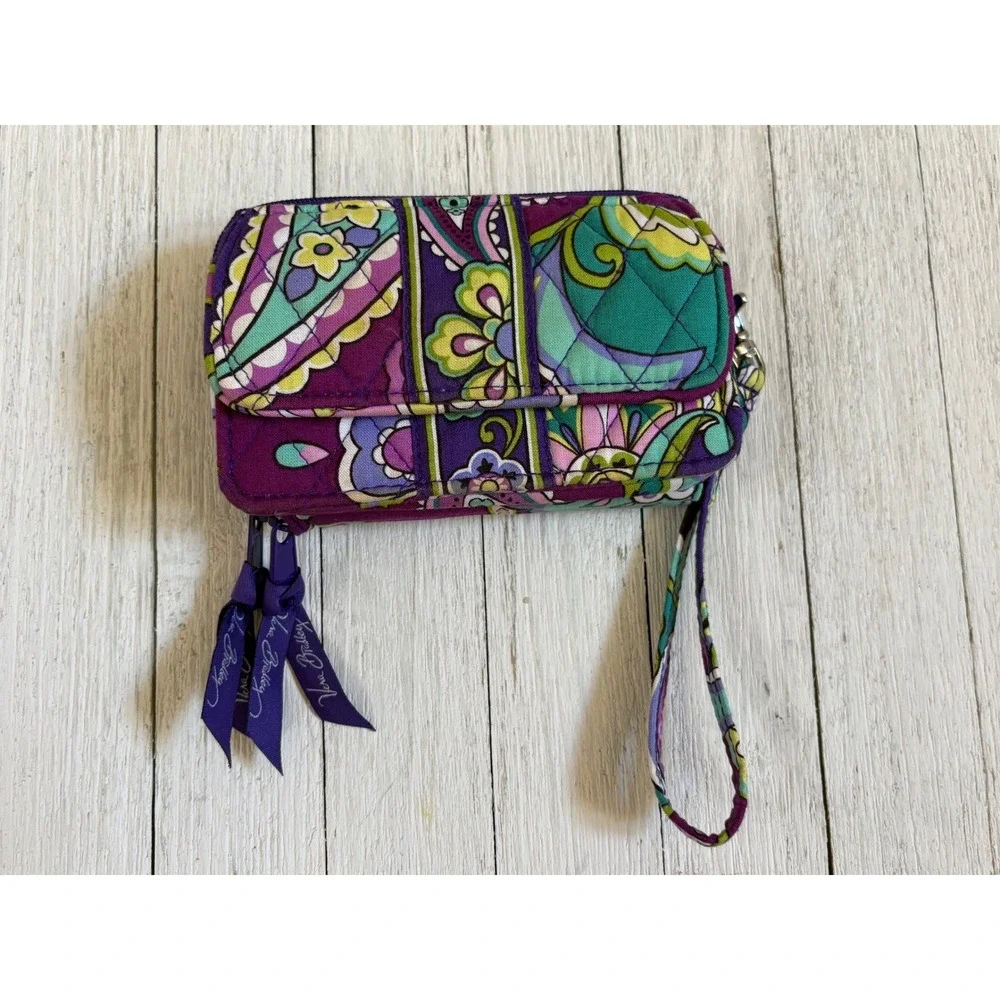 Vera Bradley All‎ In One Crossbody Wristlet Purple Paisley Floral Quilted Wallet